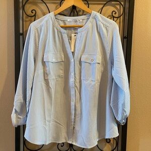 White & Blue pinstripe 3/4 Sleeve optional Tie Front Blouse Top Shirt